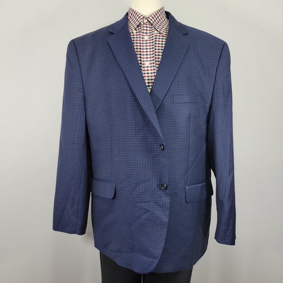 JOS‎ A BANK Executive Men's Sport Coat Blazer Two Button Navy Checked Wool 52R - Picture 1 of 12